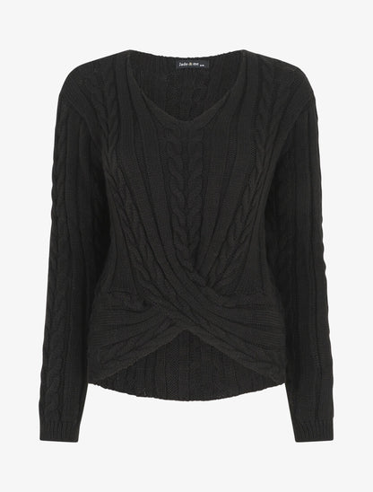 Pull droit torsadé en maille tressée - Noir - 1
