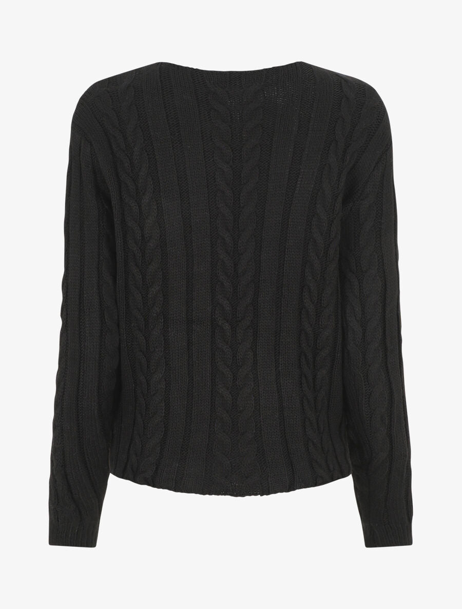 Pull droit torsadé en maille tressée - Noir - 2
