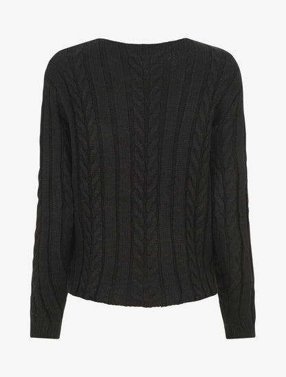 Pull droit torsadé en maille tressée - Noir - 2