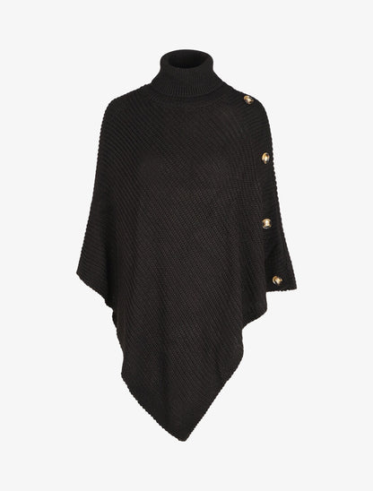 Poncho col roulé à boutons - Noir - 1