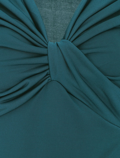 Body uni à col V drapé - Bleu canard - 3