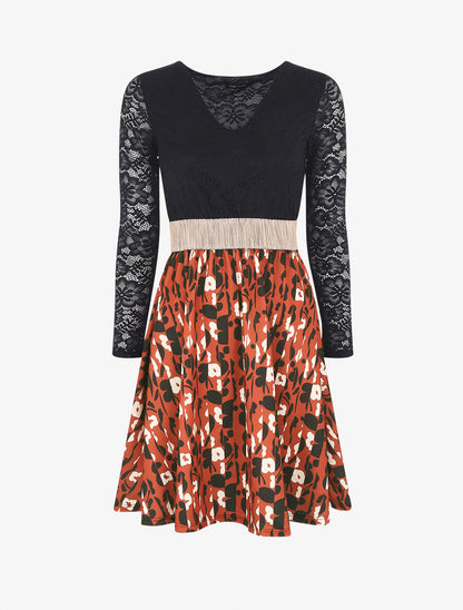 Robe à imprimé fantaisie et dentelle - Rouille - 1