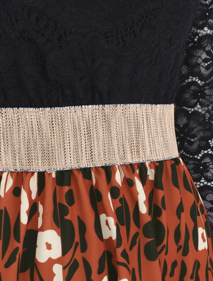 Robe à imprimé fantaisie et dentelle - Rouille - 3