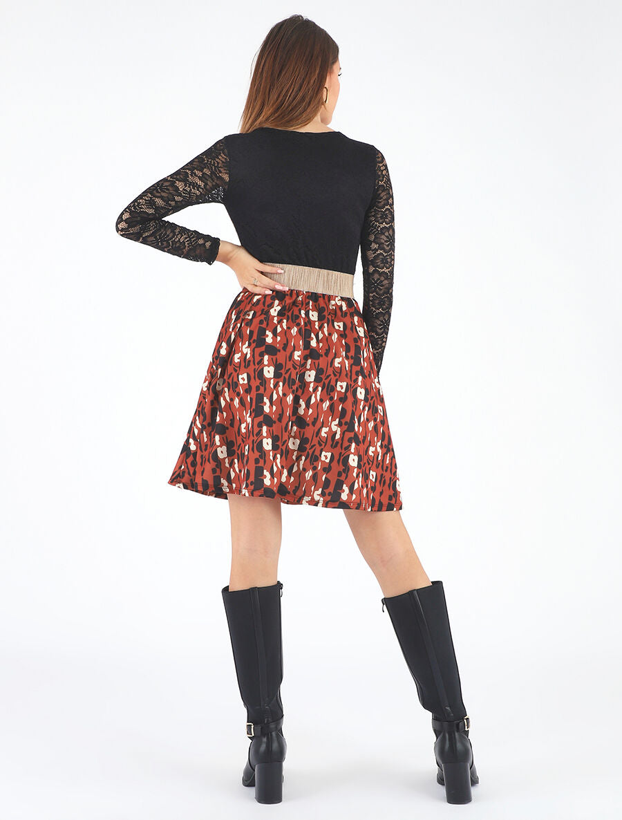Robe à imprimé fantaisie et dentelle - Rouille - 5