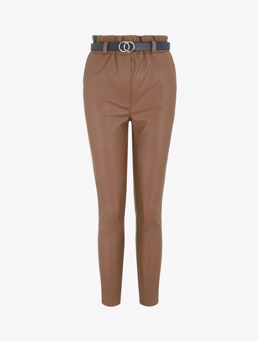 Pantalon uni en simili - Camel - 5