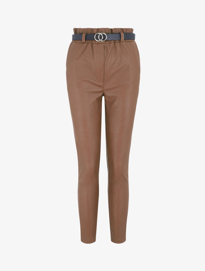 Pantalon uni en simili - Camel - 5