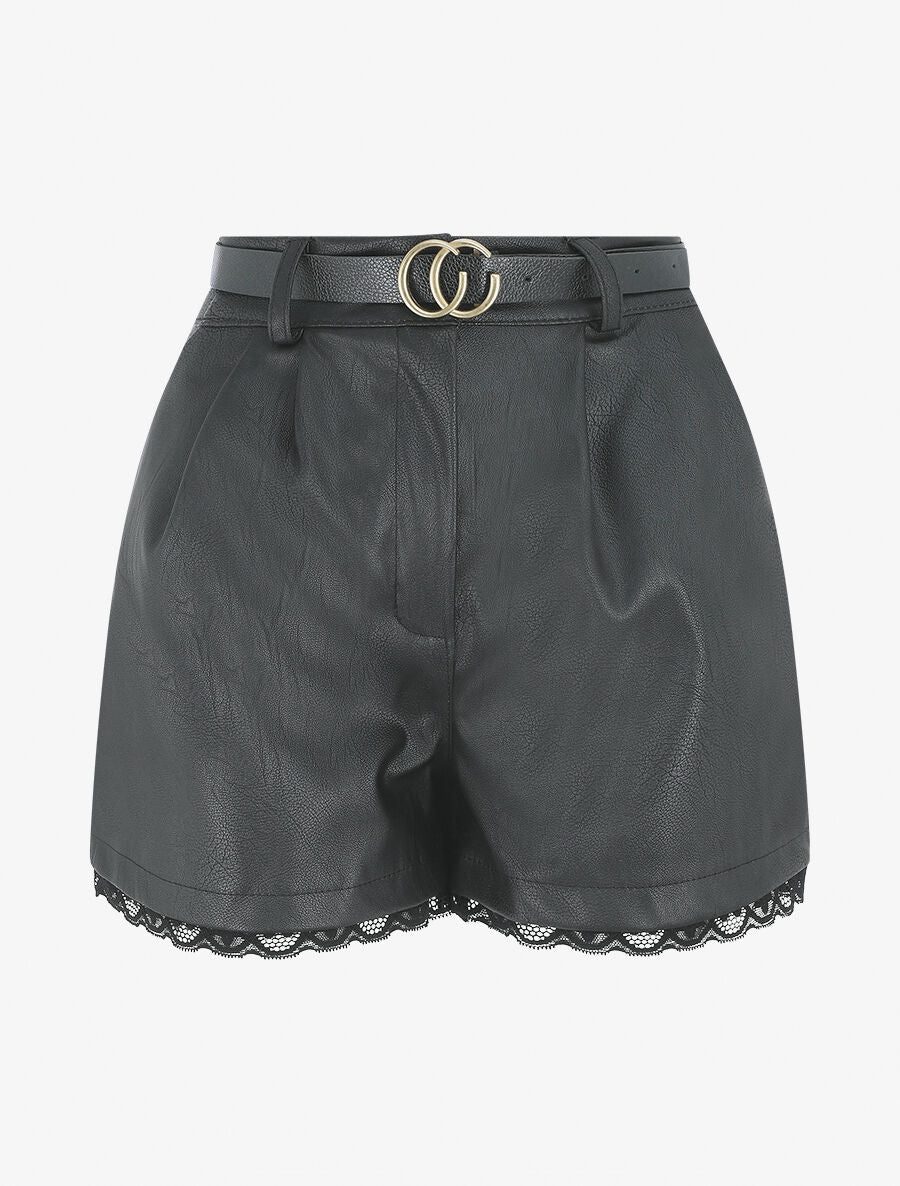 Short en simili à détail dentelle - Noir - 6