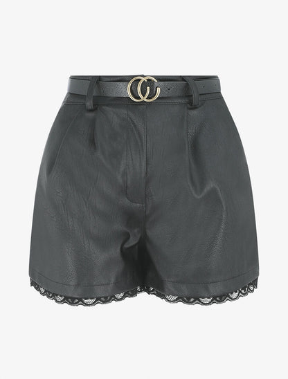 Short en simili à détail dentelle - Noir - 6