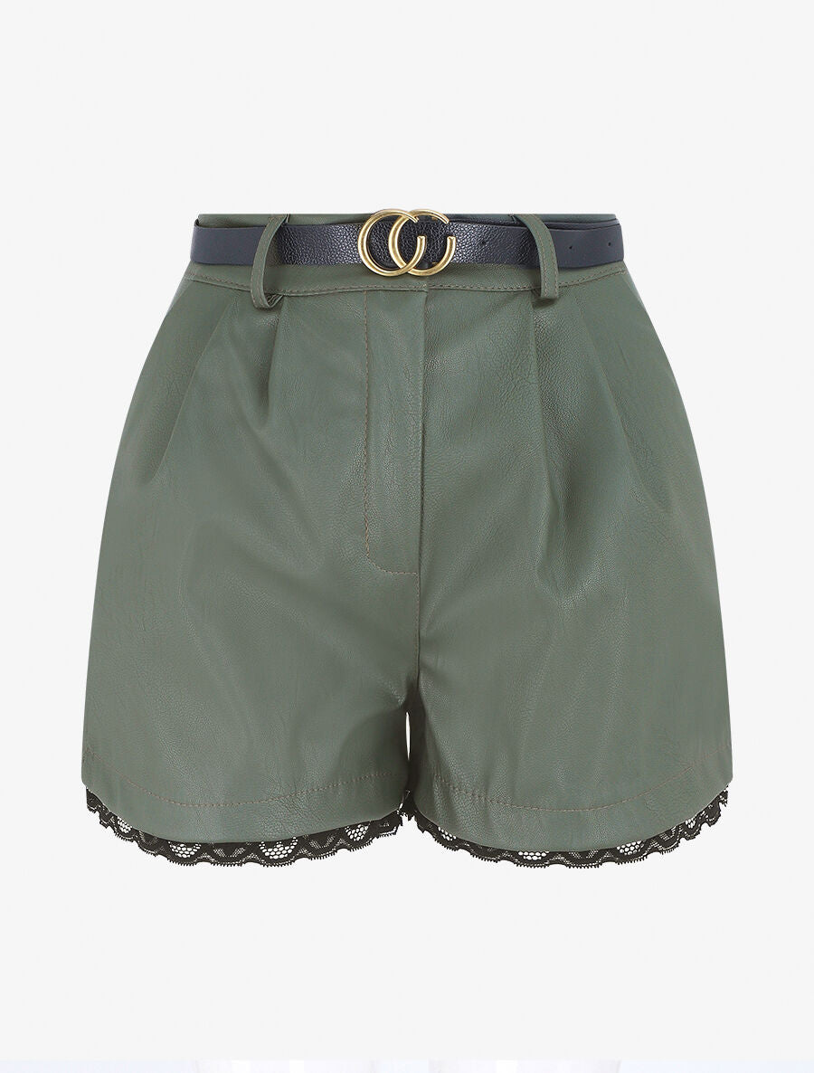 Short en simili à détail dentelle - Kaki - 1