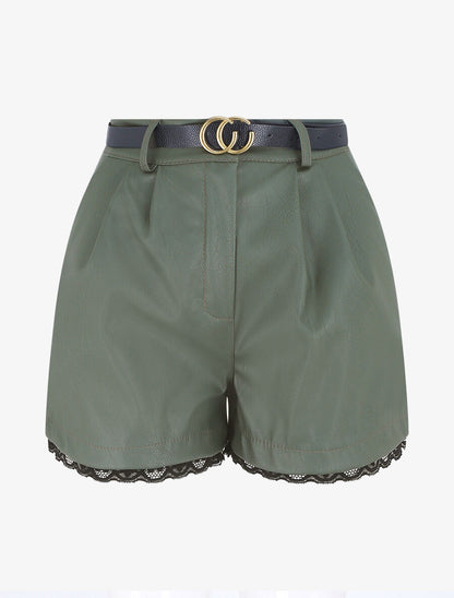 Short en simili à détail dentelle - Kaki - 1