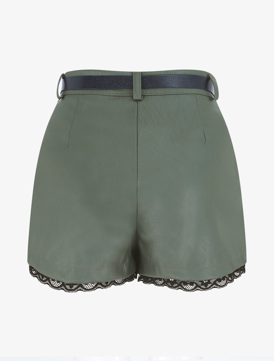 Short en simili à détail dentelle - Kaki - 2