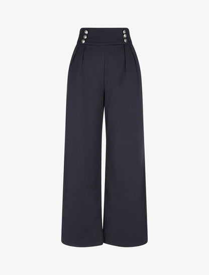 Pantalon ample taille haute à boutons - Marine - 4