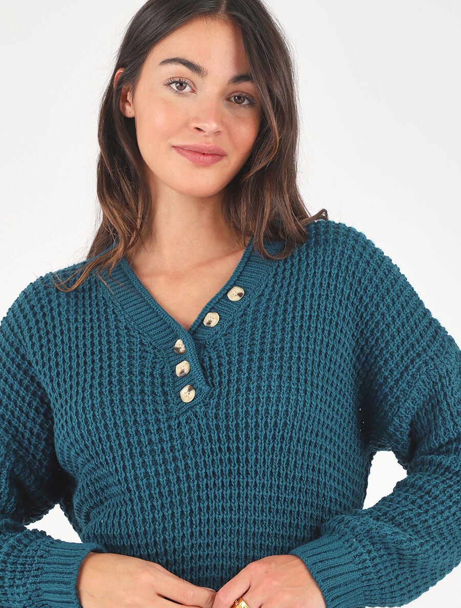 Pull droit uni col V boutonné - Bleu canard - 6