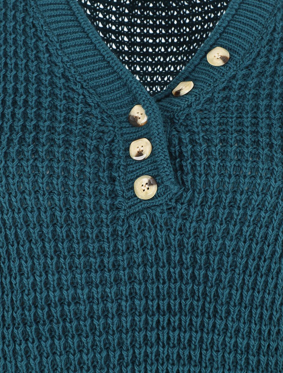 Pull droit uni col V boutonné - Bleu canard - 3