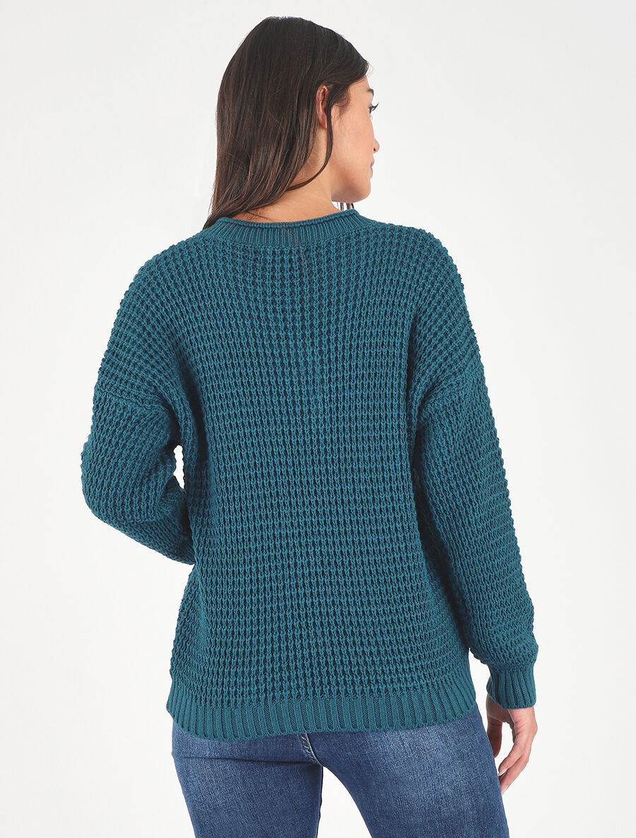 Pull droit uni col V boutonné - Bleu canard - 5