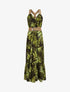 Robe longue coupe patineuse imprimé feuilles tropicales à bretelles en simili - Noir - 1