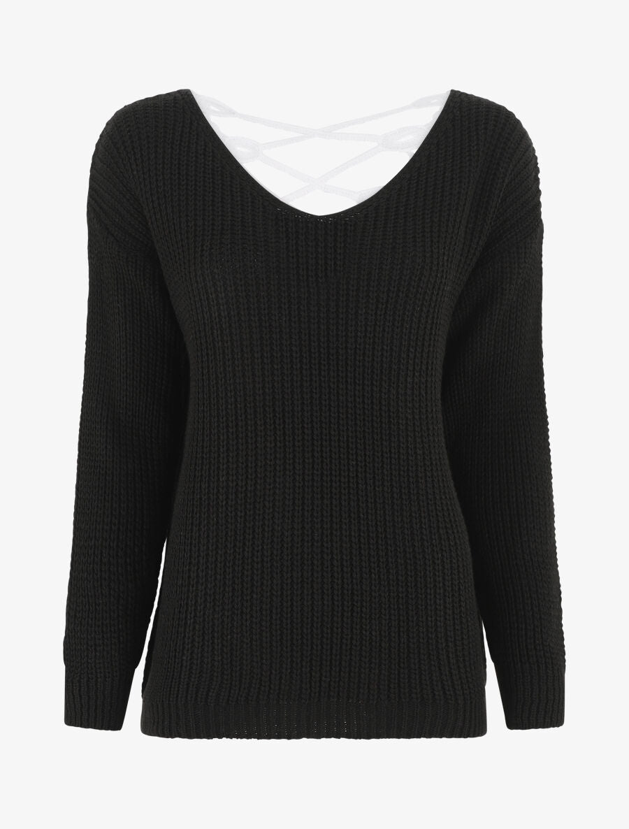 Pull droit col V dos en crochet - Noir - 1