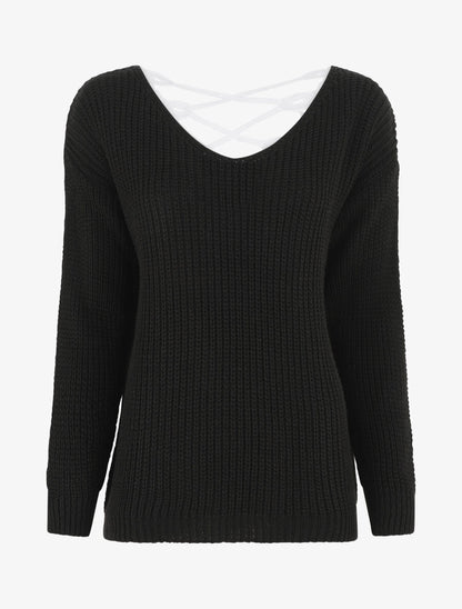 Pull droit col V dos en crochet - Noir - 1