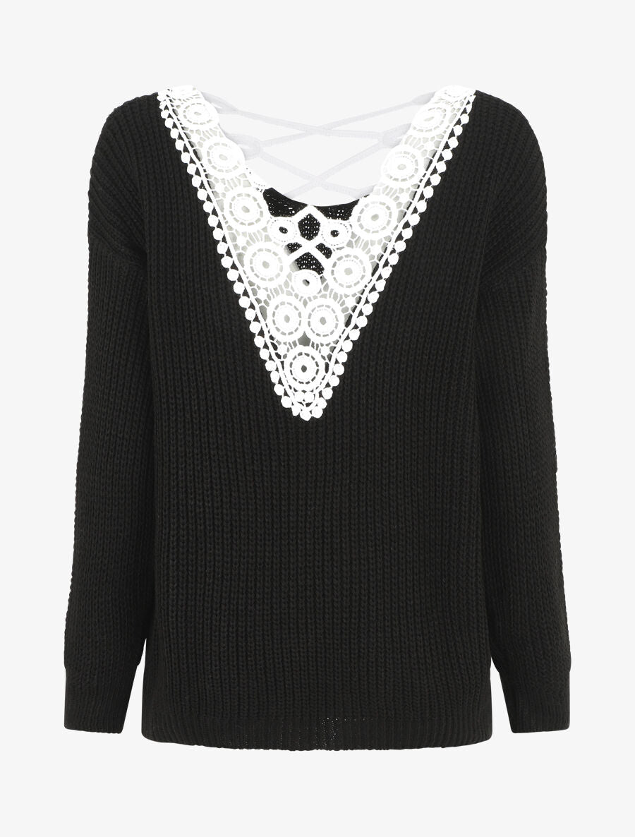 Pull droit col V dos en crochet - Noir - 2