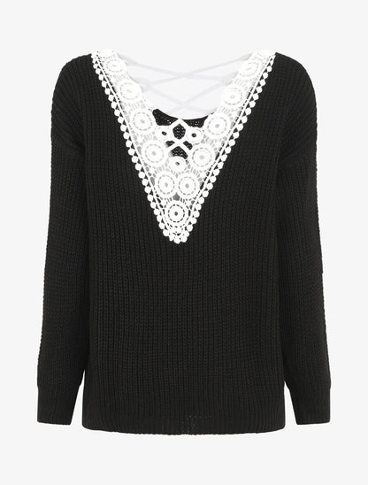 Pull droit col V dos en crochet - Noir - 2