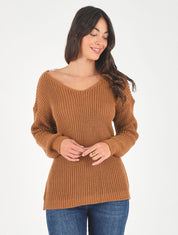 Pull droit col V dos en crochet - Camel - 1
