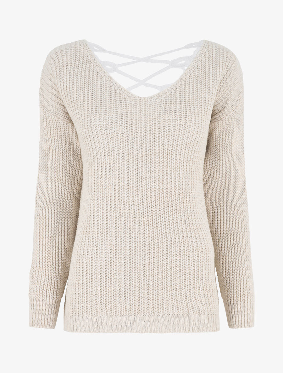 Pull droit col V dos en crochet - Beige - 1
