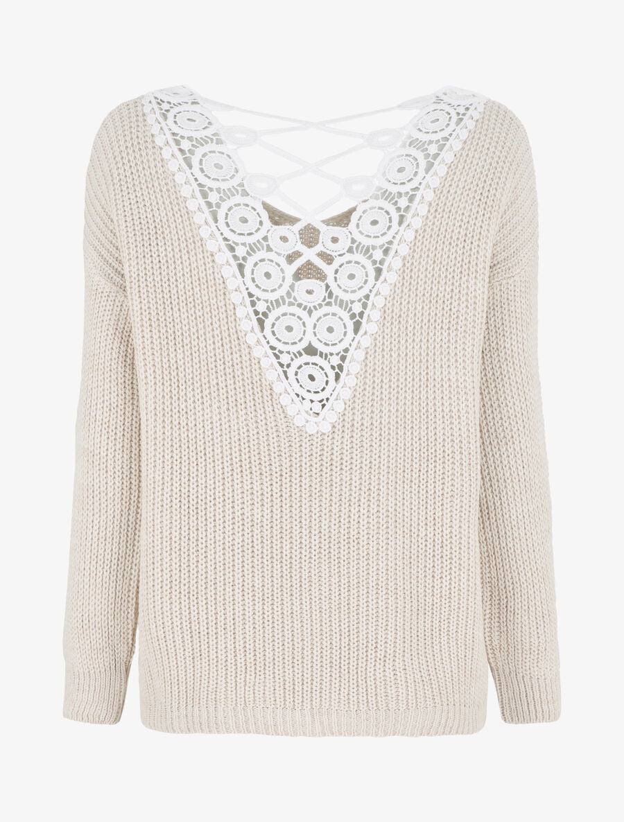 Pull droit col V dos en crochet - Beige - 2