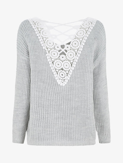 Pull droit col V dos en crochet - Gris clair - 2