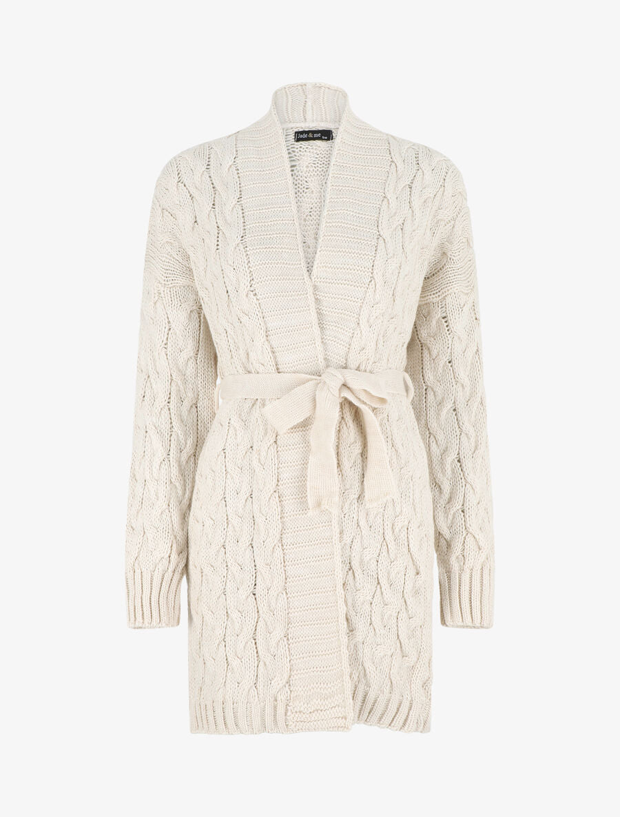 Gilet long uni en maille tressée - Beige - 4