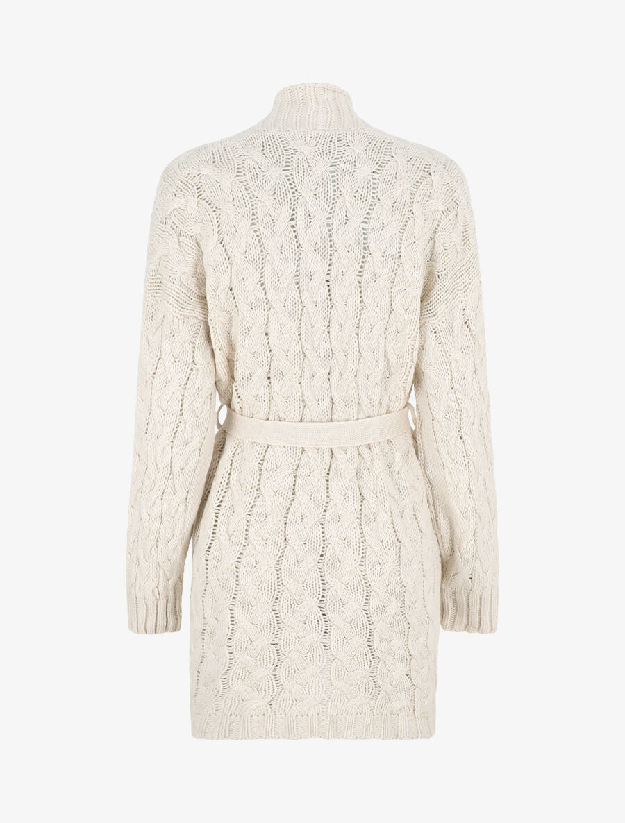 Gilet long uni en maille tressée - Beige - 2