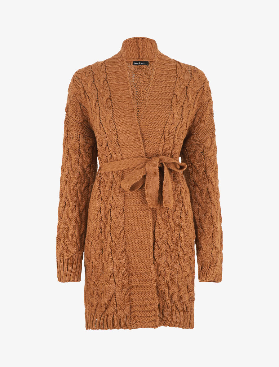 Gilet long uni en maille tressée - Camel - 1