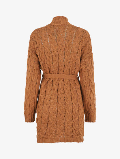 Gilet long uni en maille tressée - Camel - 2