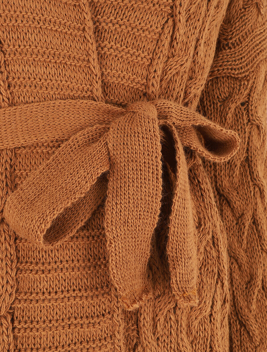 Gilet long uni en maille tressée - Camel - 3