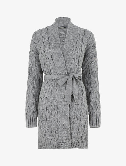 Gilet long uni en maille tressée - Gris - 1