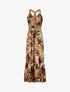 Robe longue coupe patineuse imprimé feuilles tropicales à bretelles en simili - Marron - 1