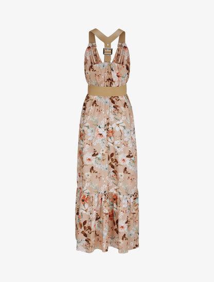 Robe longue coupe patineuse imprimé fleuri à bretelles en simili - Taupe - 2