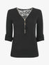 Pull droit uni à zip et dentelle - Noir - 1