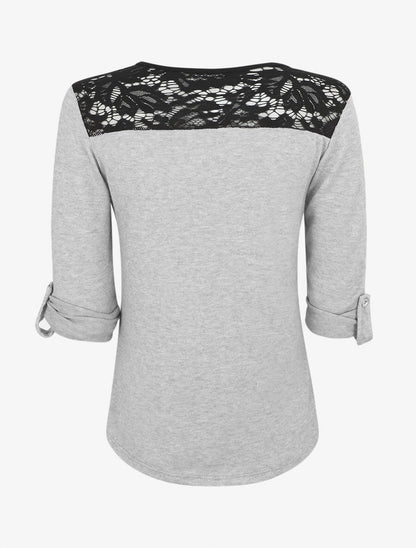 Pull droit uni à zip et dentelle - Gris - 2