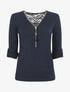 Pull droit uni à zip et dentelle - Marine - 1