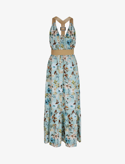 Robe longue coupe patineuse imprimé fleuri à bretelles en simili - Vert d&