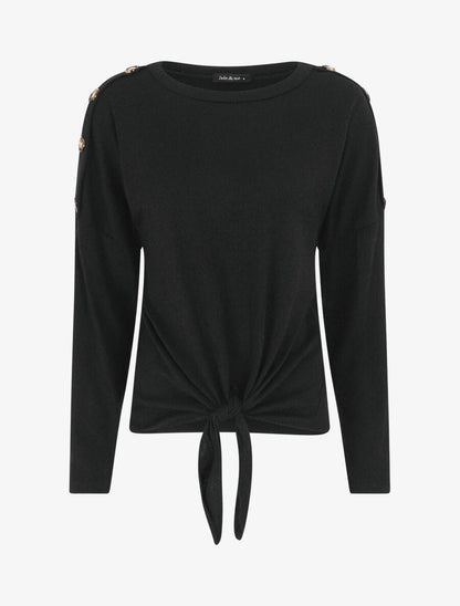 Pull droit uni à noeud et boutons - Noir - 5