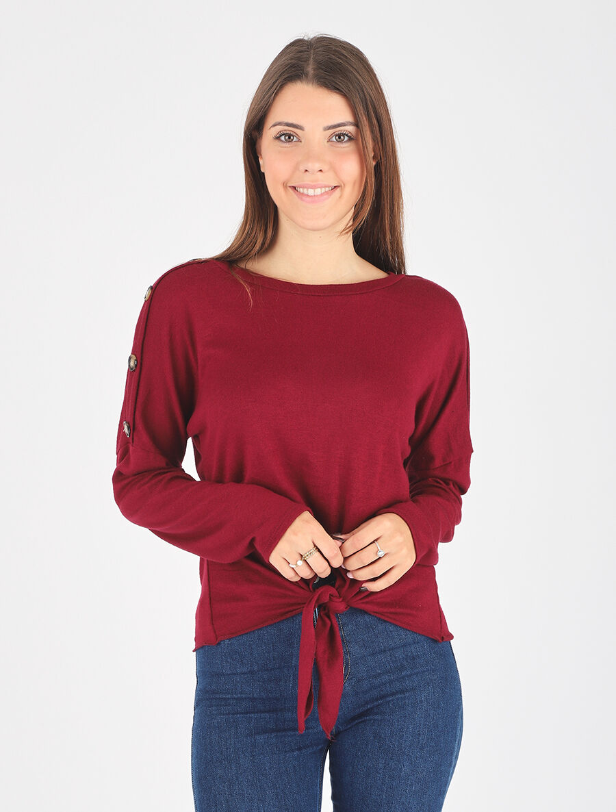 Pull droit uni à noeud et boutons - Bordeaux - 4