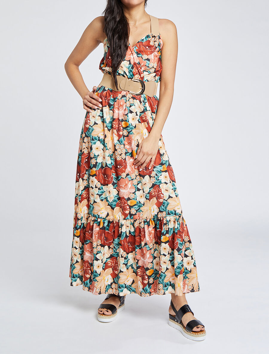 Robe longue coupe patineuse imprimé fleurs estivales à bretelles en simili - Noir - 5