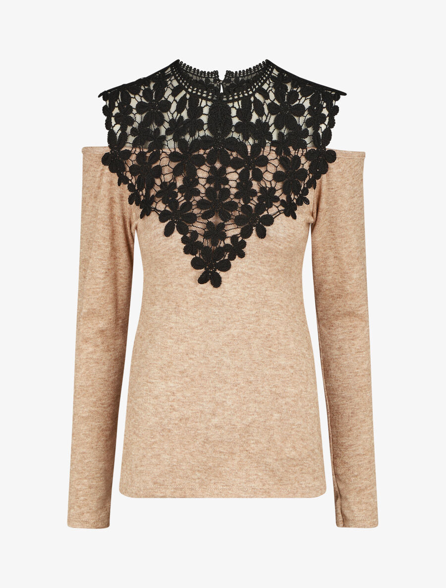 Pull droit à épaules dénudées et crochet - Beige - 6
