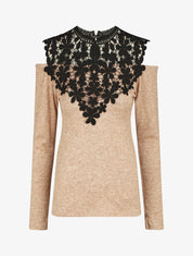 Pull droit à épaules dénudées et crochet - Beige - 6