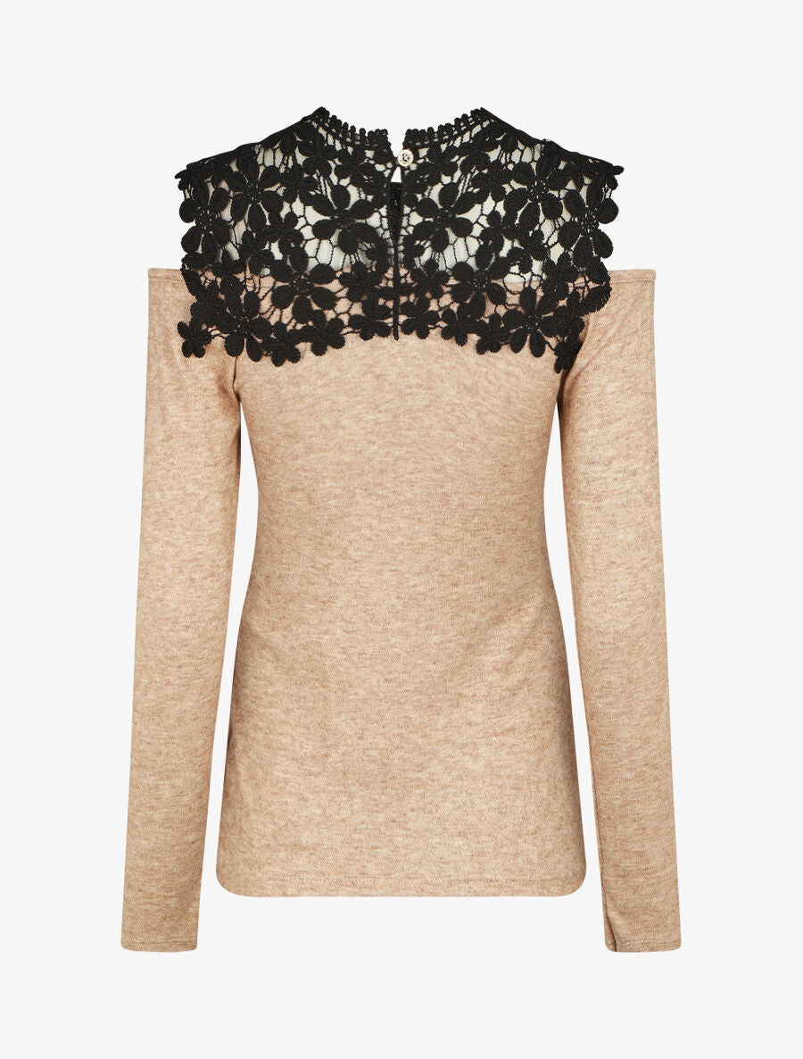 Pull droit à épaules dénudées et crochet - Beige - 2
