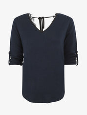 Pull droit dos en V et dentelle - Marine - 1