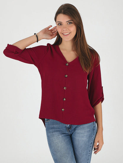 Top droit col V boutonné et dentelle - Bordeaux - 4