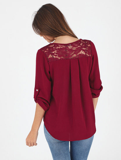 Top droit col V boutonné et dentelle - Bordeaux - 5