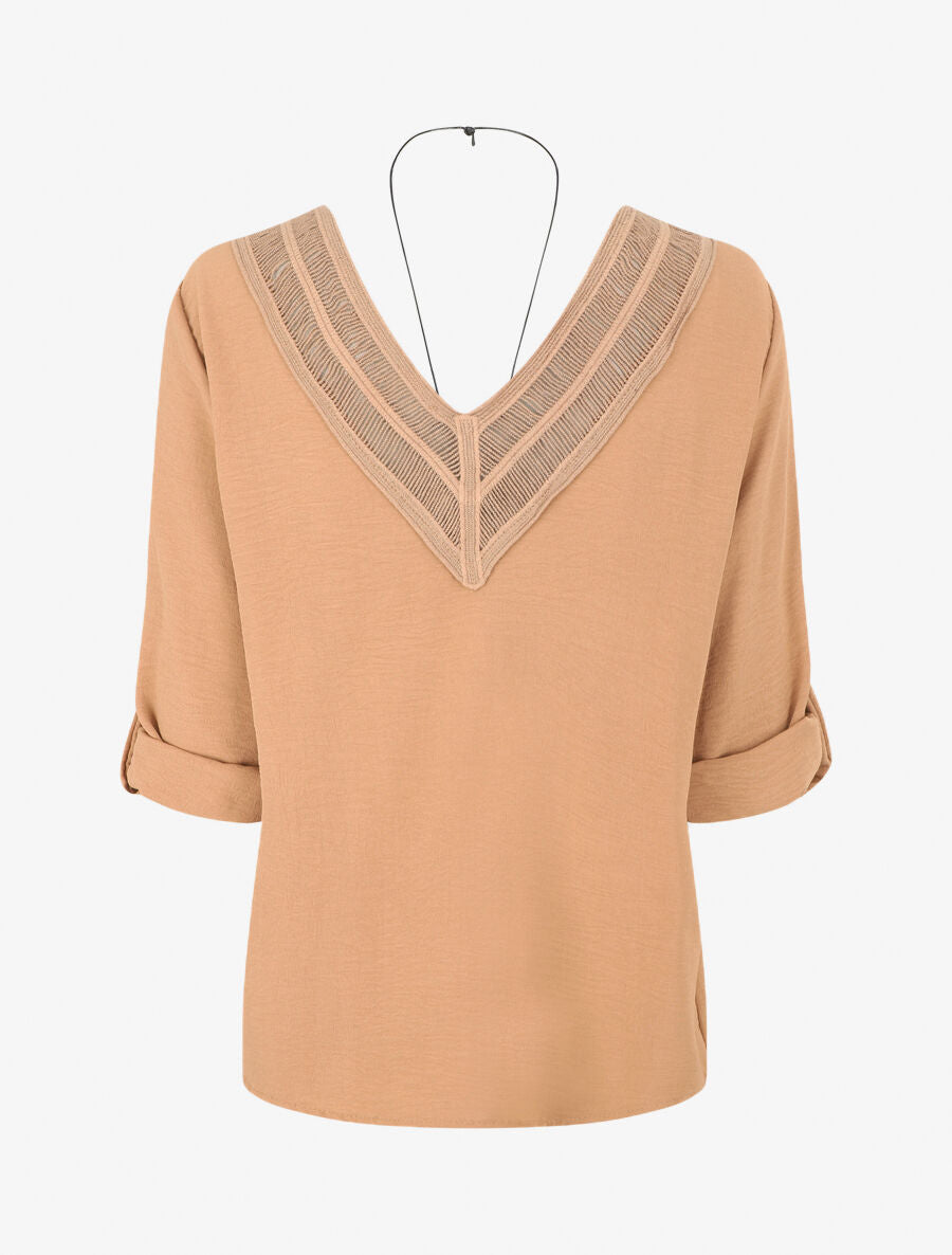 Blouse uni à dos ajouré - Camel - 2